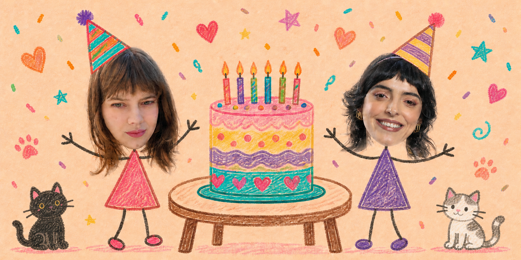 Montagem de aniversário com duas pessoas, um bolo e gatinhos desenhados